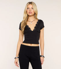 Coffee Date Lace Trim Crop Top