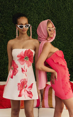Elva Mini Dress - Strapless Floral Print Embroidered Dress in Water Colour Poppy Print