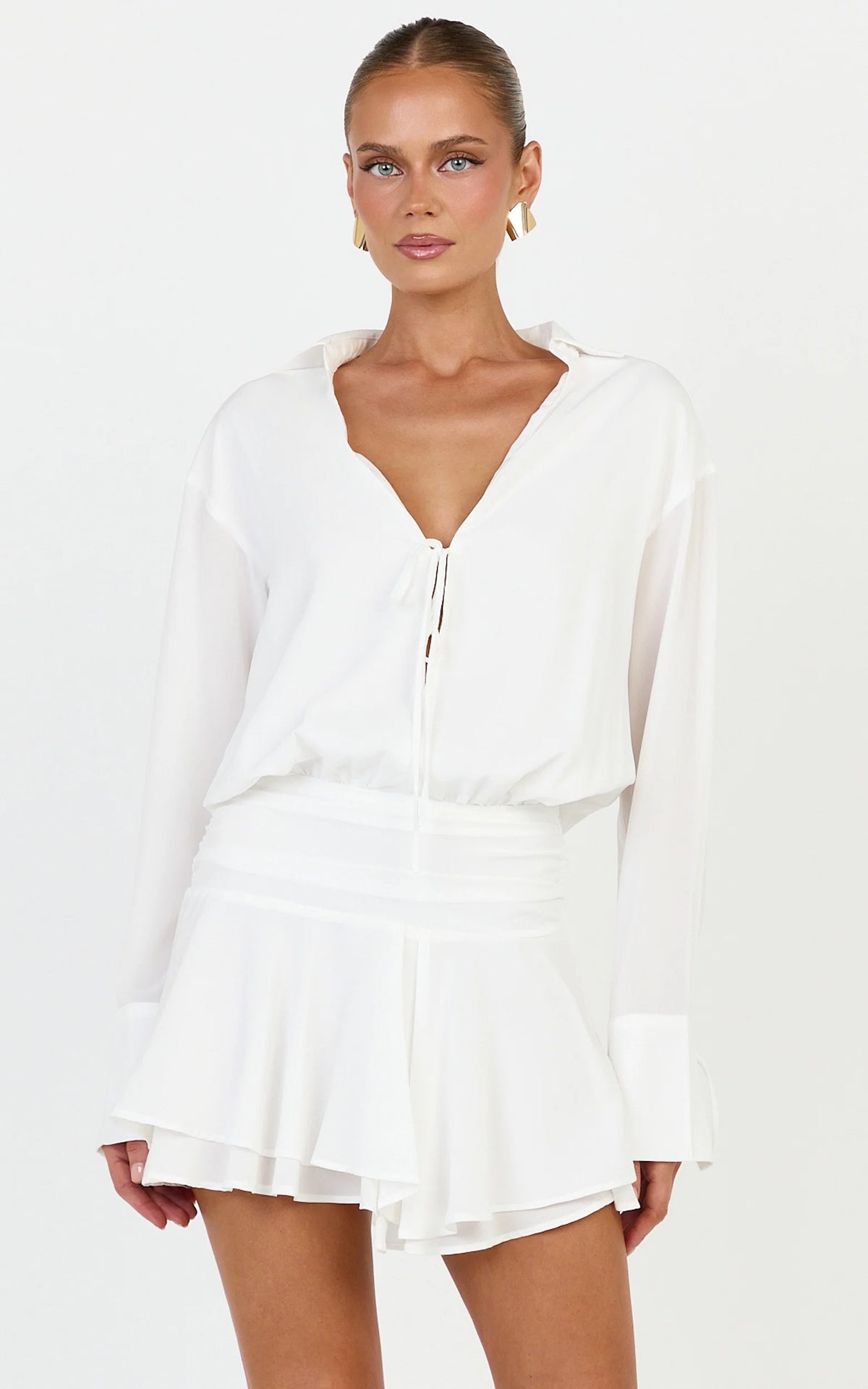 Melanie Mini Dress - Tie Front Long Sleeve Shirt Dress in White
