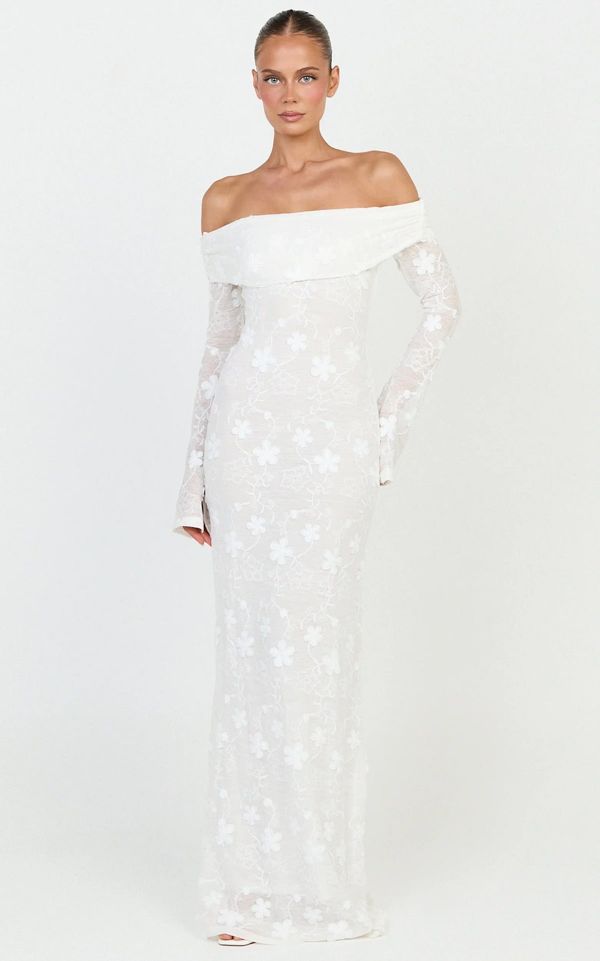 Aurelle Maxi Dress - Off Shoulder Floral Embroidered Dress in Ivory