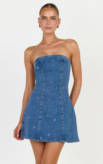 Marigold Mini Dress - Denim Strapless Diamante Mini Dress in Mid Blue Wash