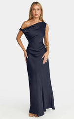 Lira Maxi Dress - One Shoulder Satin Dress in Navy