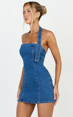 Peggy Mini Dress - Denim Buckle Halter Neck Fitted Dress in Dark Blue Wash