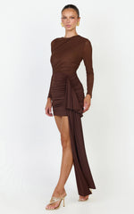 Jasmine Mini Dress - Long Sleeve Draped Skirt Overlay Dress in Chocolate
