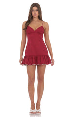 Jacquard Scallop Ruffle Dress in Red