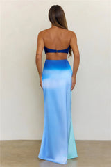 Shifting Tides Satin Ombre Strapless Maxi Dress Blue