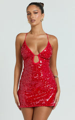 Finn Mini Dress - Plunge Neck Sheer Sequin Dress in Red
