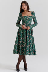 Green Floral Print Midi Dress