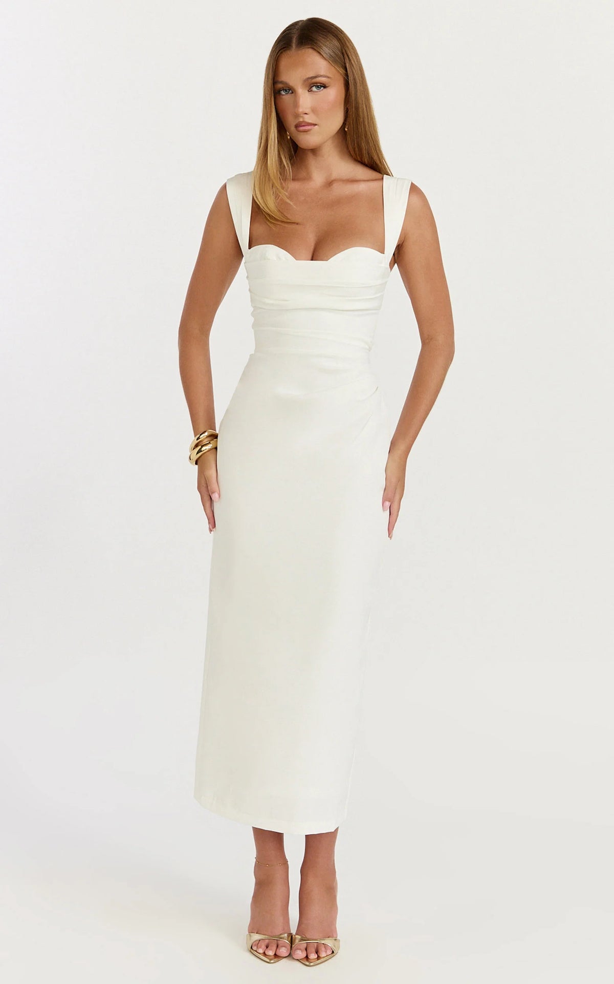 Kenna Midi Dress - Gathered Bust Tucked Waist Dress in Off White