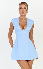 Lilo Mini Dress - V Neck Cap Sleeve Tulip Shape Dress in Cornflower Blue