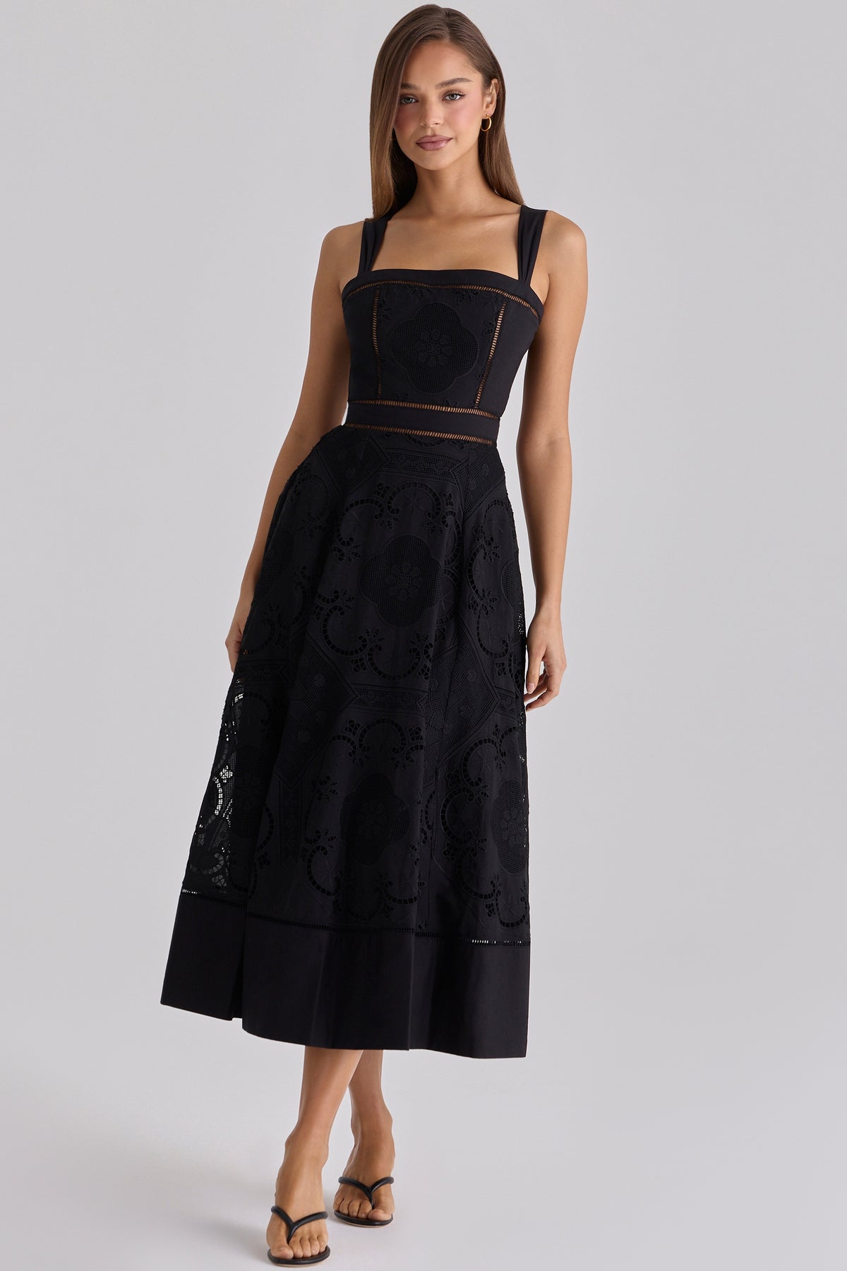 Black Cotton Placement Broderie Anglaise Midi Dress