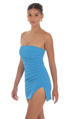 Strapless Side Ruched Dress in Aqua Blue