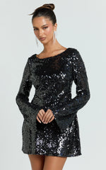 Bertina Mini Dress - Sequin Scoop Neck Low Back Dress in Black