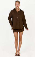 Blanche Top - Oversized Patch Pocket Long Sleeve Shirt in Dark Chocolate