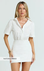 Muriel Mini Dress - Blouson Linen Blend Shirt Dress in Off White