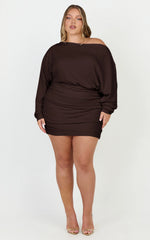 Alyce Mini Dress - Long Sleeve One Shoulder Dress in Chocolate