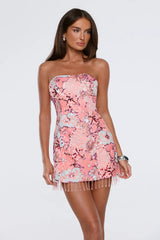 Dressed to Celebrate Embellished  Strapless Mini Dress Peach