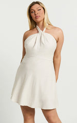 Louie Mini Dress - Linen Halter Neck Dress in Natural