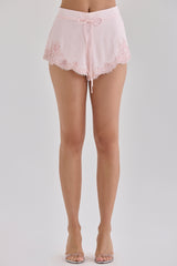 Crystal Pink Satin Custom Hand Beaded Embellished Lace Trim Mini Shorts