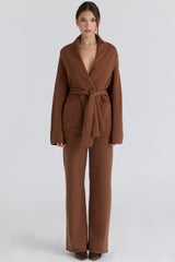 Tan Pure Wool Draped Front Cardigan