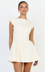 Lorayne Mini Dress - Cap Sleeve Gathered Hip Tie Back Mini Dress in Cream