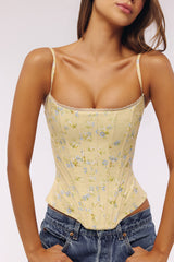 Lemon Floral Print Cotton Waist Cinch Corset Top