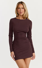 Brielle Mini Dress - Long Sleeve Ruched Bodycon Dress in Chocolate