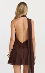 Penelope Mini Dress - Scarf Neck Backless Dress in Chocolate