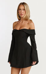 Collette Mini Dress - Off Shoulder Long Sleeve Godet Flare Dress in Black