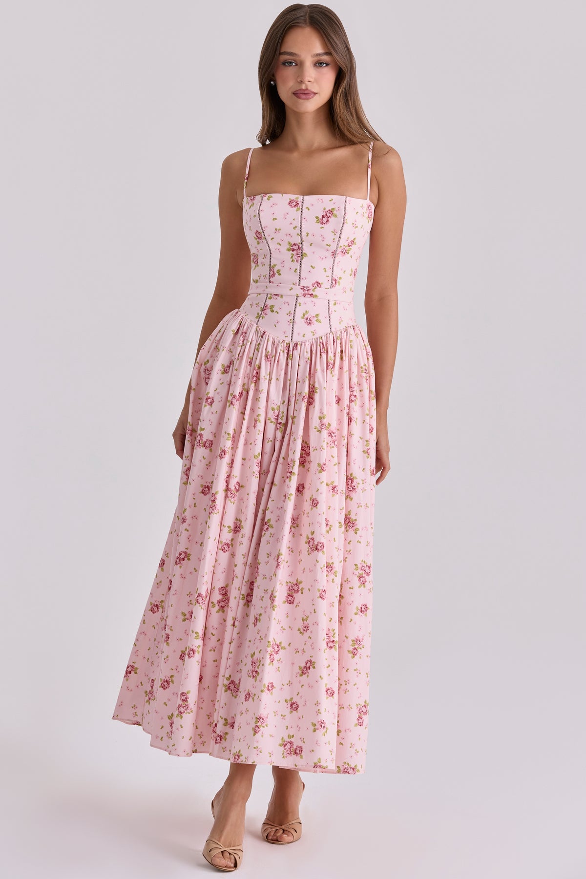 Pink Vintage Rose Print Cotton Midi Sundress