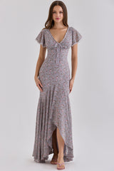 Lilac Vintage Floral Print Georgette Maxi Tea Dress