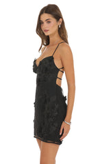 Floral Appliqué Strappy Mini Dress in Black