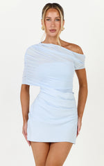 Nami Mini Dress - Overlay Off Shoulder Draped Cowl Waist Dress in Light Blue