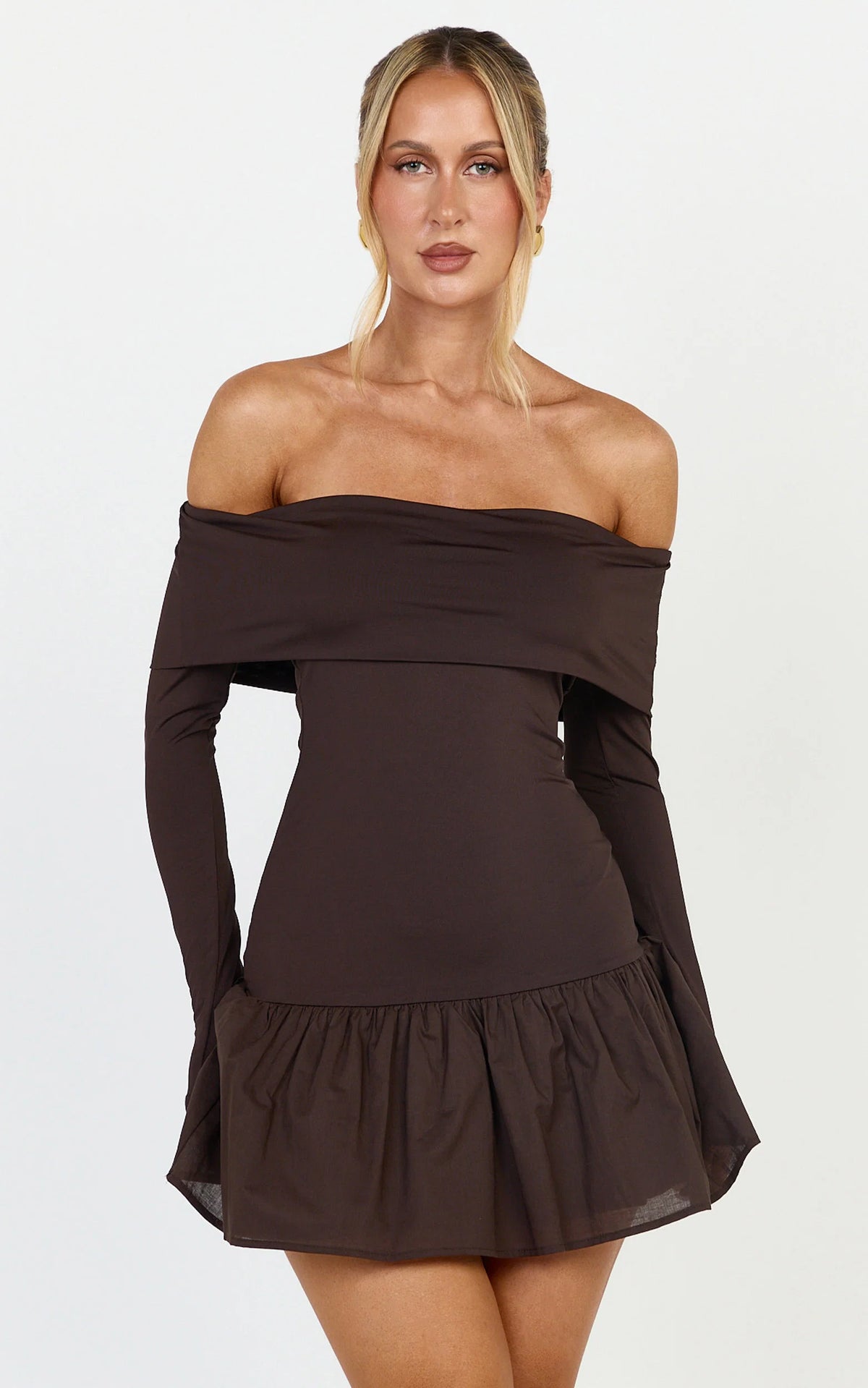 Remi Mini Dress - shoulder Long Sleeve Dropped Waist Mini Dress in Chocolate