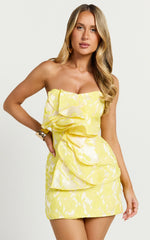 Amalie The Label - Frederika Strapless Ruffle Detail Jacquard Mini Dress - In Yellow