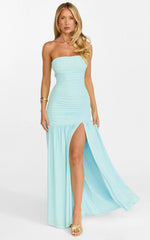 Marguerite Maxi Dress - Strapless Ruched Mesh High Leg Split Dress in Mint