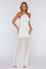 Shimmering Nights Halter Embellished Maxi Dress White