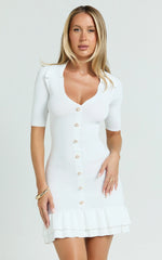 Mischa Mini Dress - Collared Short Sleeve Fit And Flare Knitted Dress in Cream