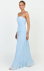 Ashlee Maxi Dress - Strapless Plisse Dropped Waist Split Leg Dress in Light Blue