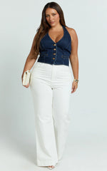 Walton Vest - Halter Neck Button Down Crop Recycled Denim Vest in Indigo Wash