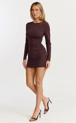 Brielle Mini Dress - Long Sleeve Ruched Bodycon Dress in Chocolate