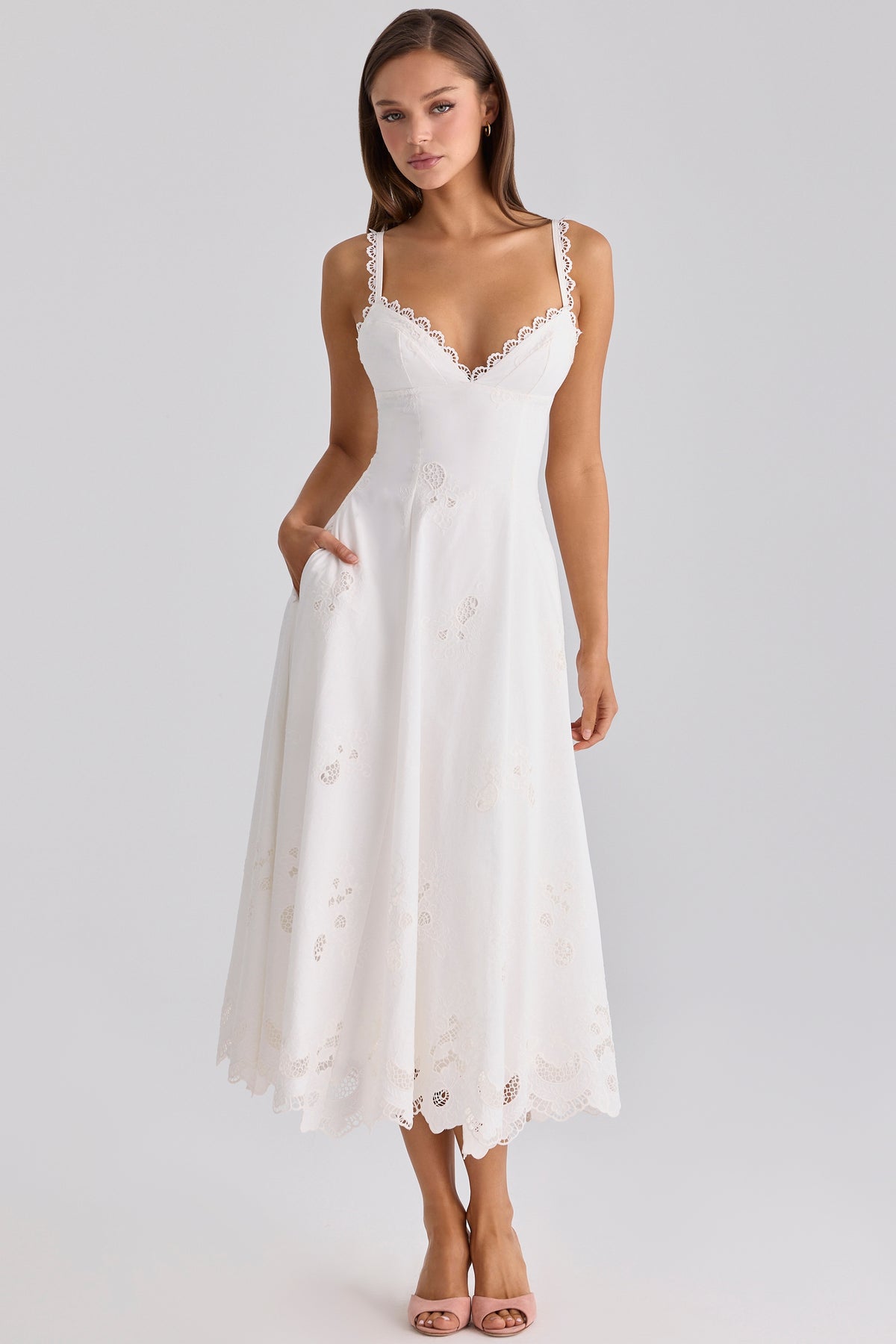 White Cotton Broderie Anglaise Midi Sundress