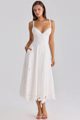 White Cotton Broderie Anglaise Midi Sundress