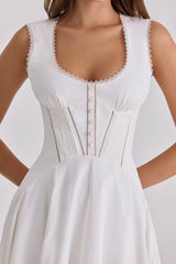 White Cotton Waist Cinch Midi Sundress