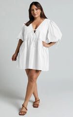 Rosita Mini Dress - Tie Front Puff Sleeve Dress in White