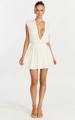 Luisa Mini Dress - Plunge Neckline Linen Blend Fit and Flare Dress in Off White