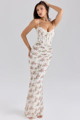 Cream Rose Print Mesh Maxi Dress
