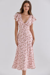 Vintage Floral Print Pink Satin V-neck Midi Tea Dress