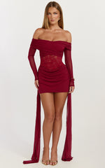 Vesper Mini Dress - Contrast Lace Bodice Long Sleeve Dress in Wine