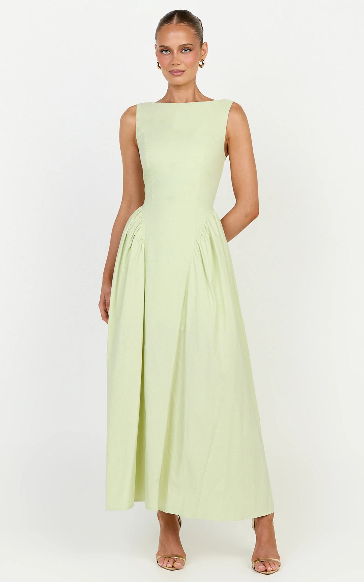 Casina Midi Dress - Boat Neck Tie Back Fit And Flare Dress in Sage